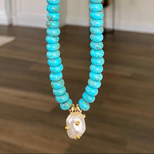 Load image into Gallery viewer, Turquoise necklace with chunky gold studded pearl drop
