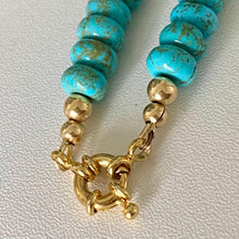 Load image into Gallery viewer, Turquoise necklace with chunky gold studded pearl drop