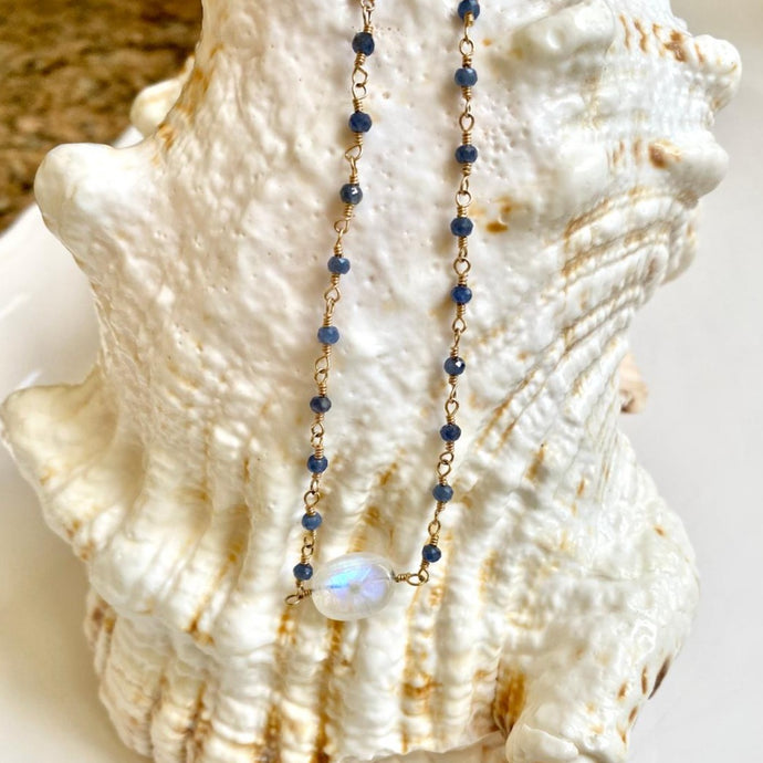 Sapphire Necklace with Moonstone Drop
