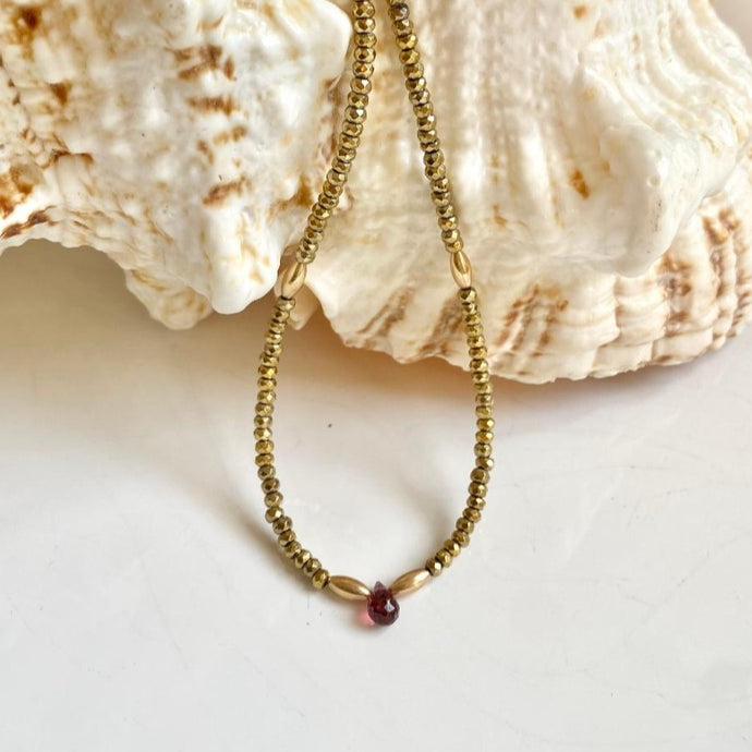 Hematite Necklace with Garnet Drop