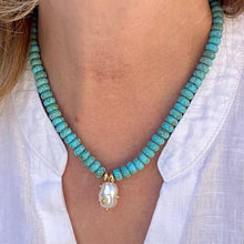 Load image into Gallery viewer, Turquoise necklace with chunky gold studded pearl drop
