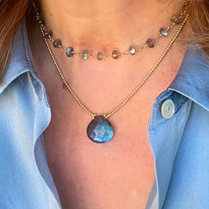 Tiny Gold Ball Necklace with Labradorite