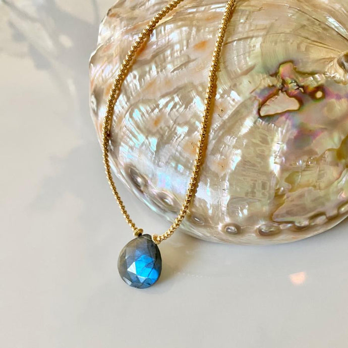 Tiny Gold Ball Necklace with Labradorite